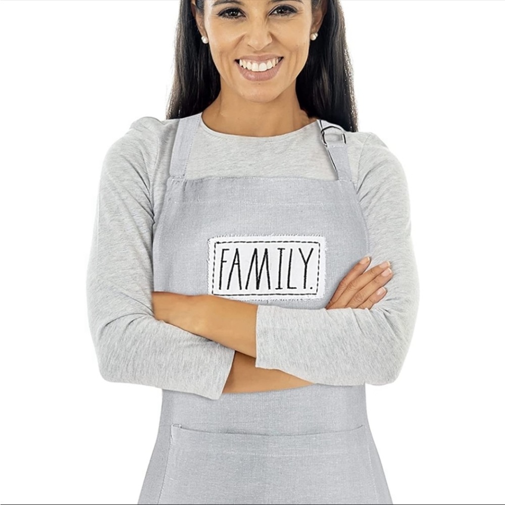 NEW! RAE DUNN Apron Embroidered Patch FAMILY With Pocket Adjustable Gray White
